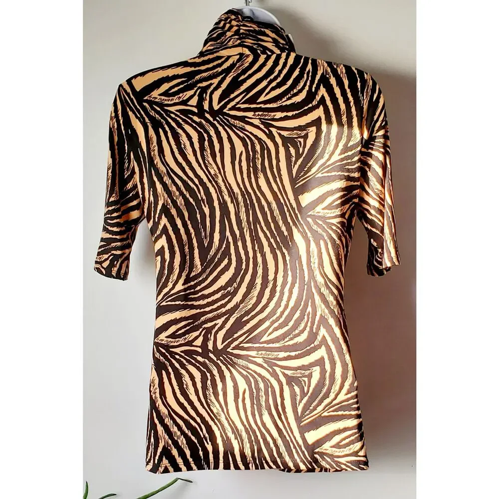 Carmen Marc Valvo Womens NWT Tiger Animal Short Sleeve Print Shirt Size XS Sexy - Picture 2 of 6